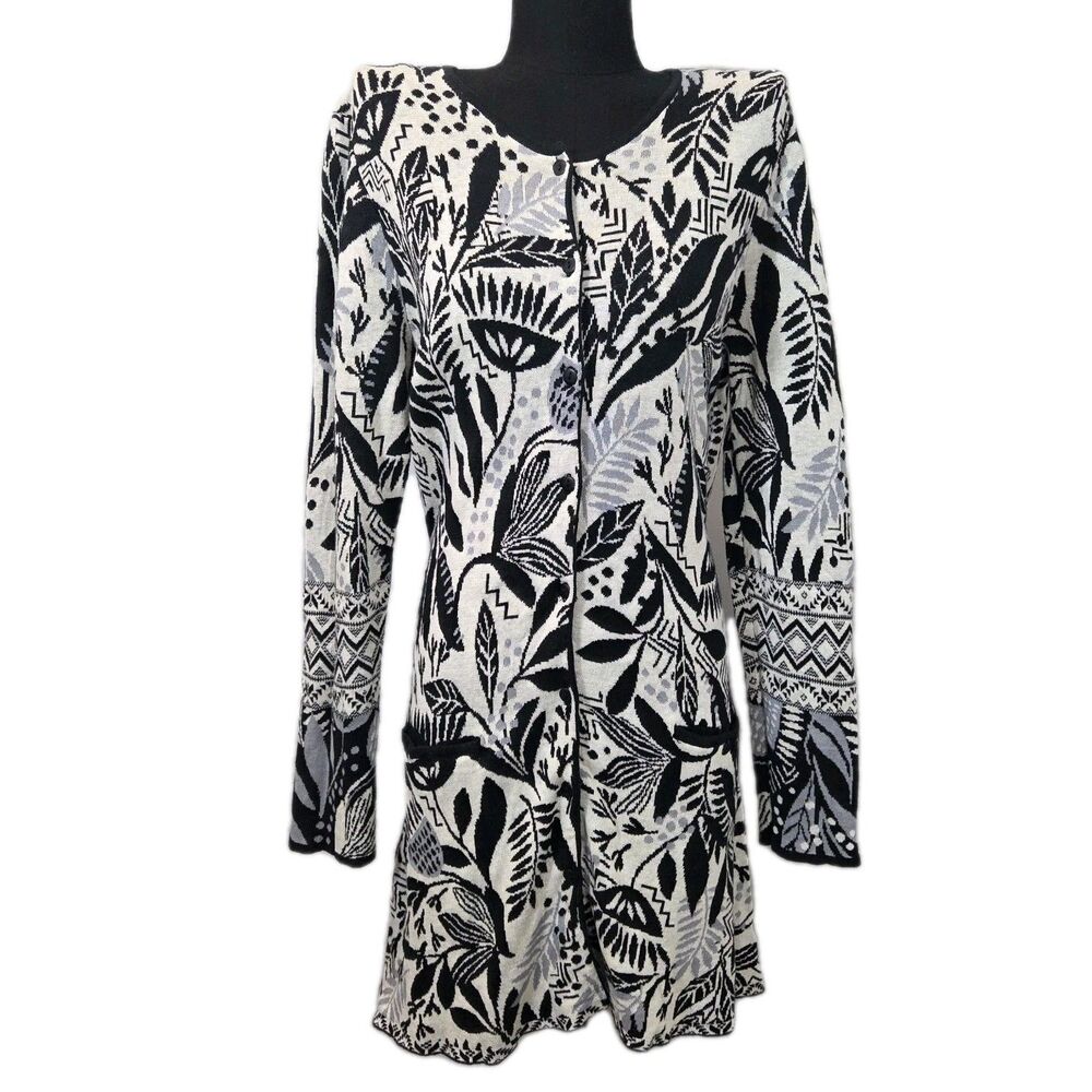 Gudrun Sjoden Long Floral Cardigan Coatigan Large Lagenlook Gray Linen + Cotton